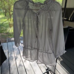 LOFT White Blouse with Black Polka Dots Peasant Top